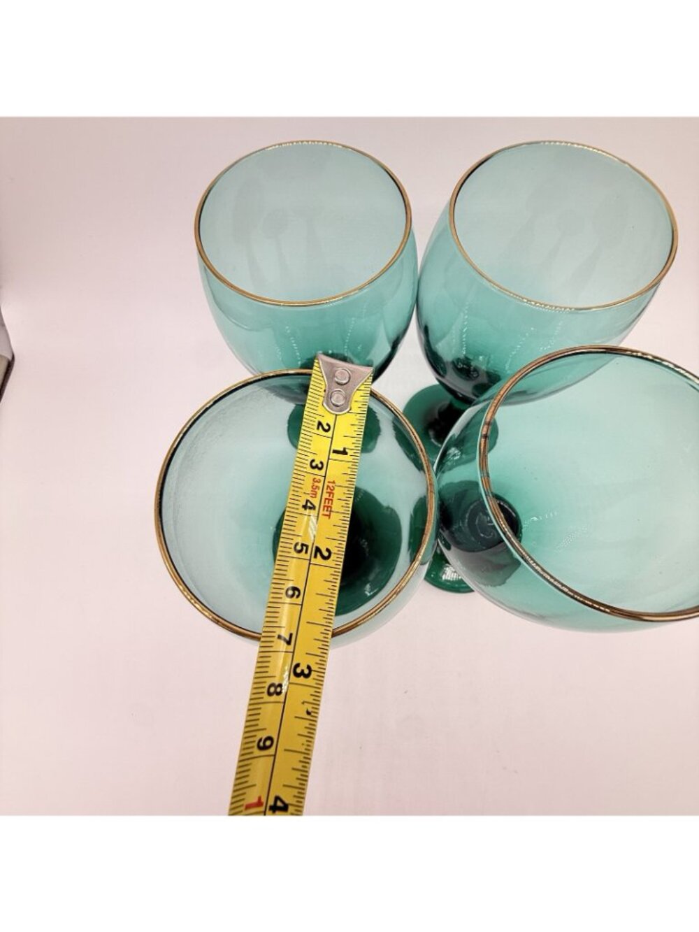 Vintage Set Of 4 Libbey Glass Juniper Green Teardrop Water Wine Goblets Gold Rim - Picture 7 of 8